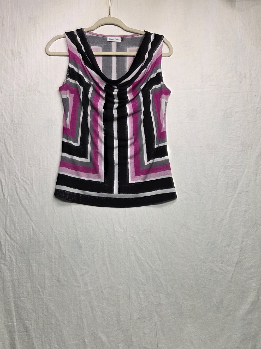 Calvin Klein Black White and Pink Striped Cowl Neck Tank. #0224